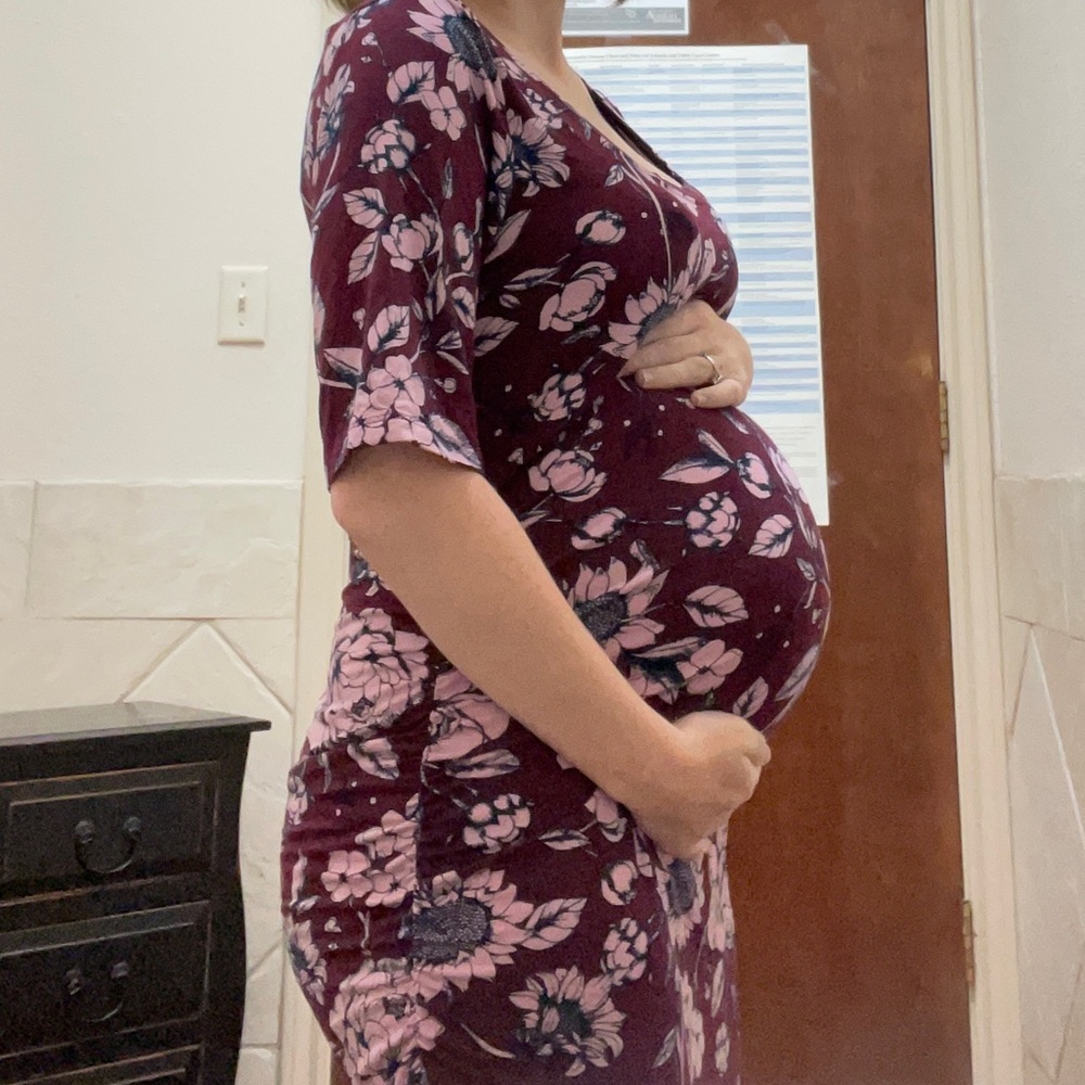 Burgundy and pink maternity dress